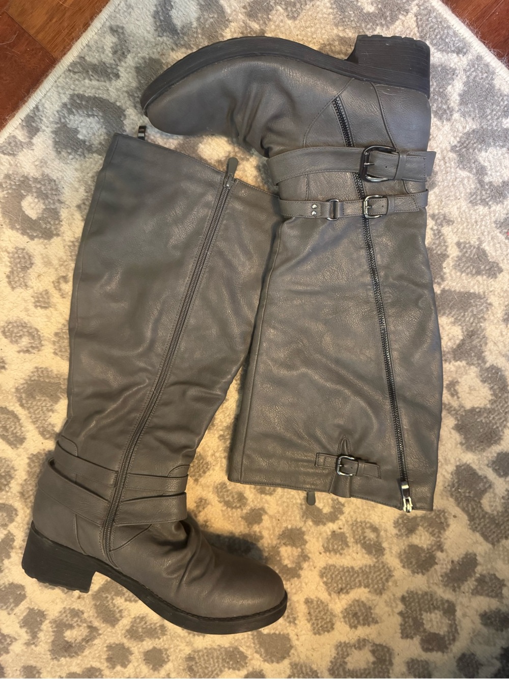 Women’s Gray Knee-High Buckle Riding Boots